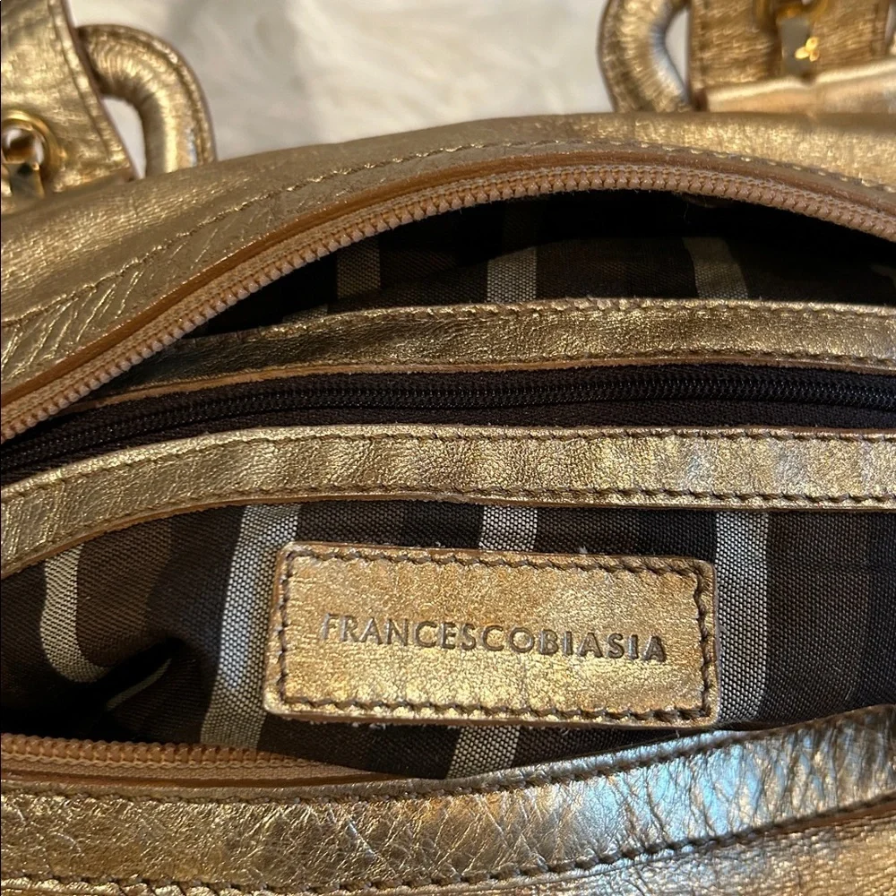 Francesco Biasia Gold Metallic Leather Satchel Shoulder Bag Structured handbag